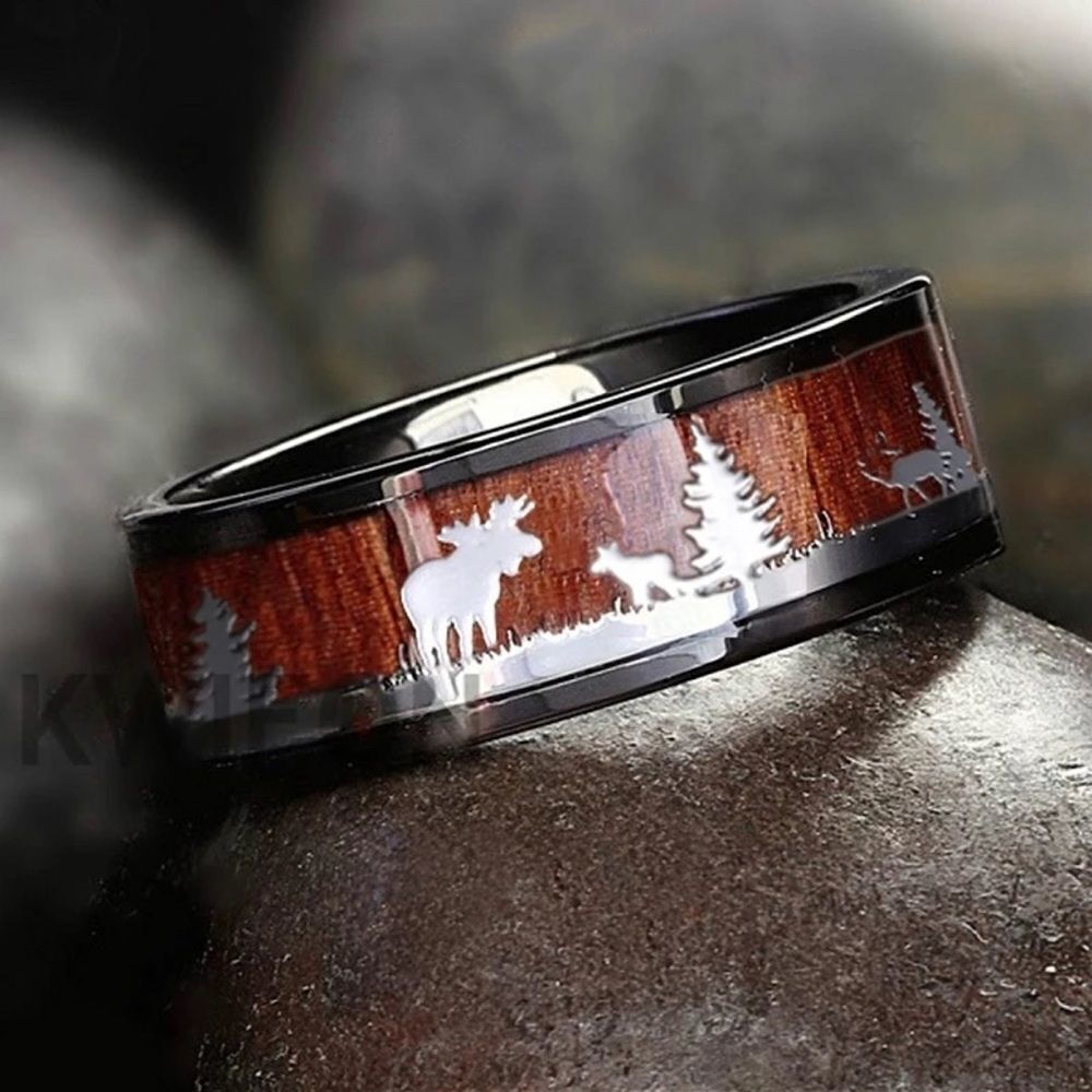 ❤️032❤️ 8mm Antler Tungsten Ring Elks in Forest Silver Mens Wedding Band - Picture 2 of 9
